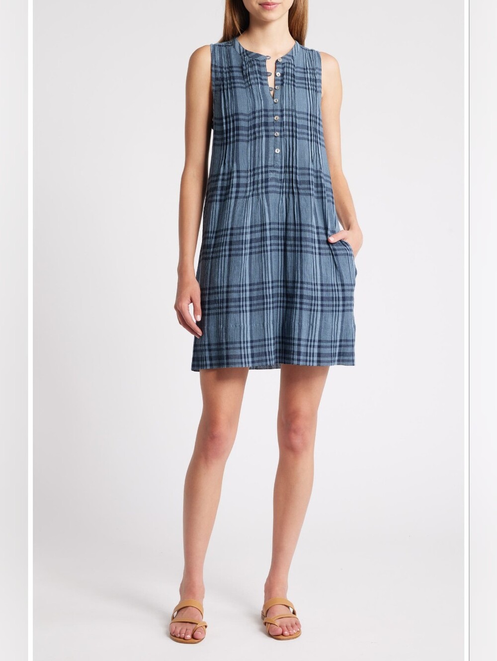NEW Faherty Isha Blue Plaid Pintuck Organic Cotton Mini Dress Size Small
